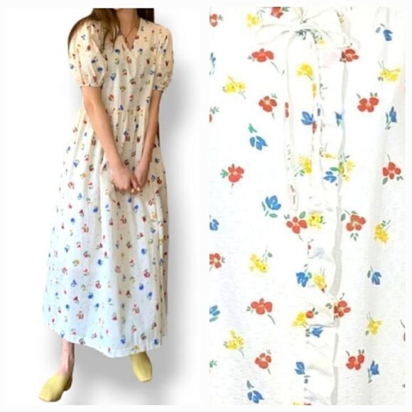 Vintage Miss Elaine Union ILGWU Floral Puff Sleeve Snap Down Maxi Nightgown Med - Picture 1 of 12